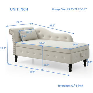 Aijia 60" Velvet Multifunctional Storage Chaise Lounge Buttons Tufted Nailhead Trimmed Solid Wood Legs with 1 Pillow ,Beige