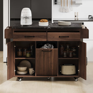 K&K Kitchen Island with Trash Can Storage Cabinet, Drop Leaf, Spice Rack, Towel Rack, Drawer, Rolling Kitchen Cart on Wheels with Adjustable Shelf, Walnut Brown