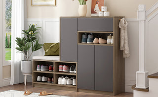 ON-TREND 2-in-1 Shoe Storage Bench & Shoe Cabinet, Multi-functional Shoe Rack with Padded Seat, Adjustable Shelves for Hallway, Grey