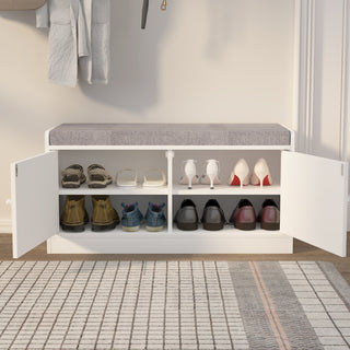 Shoe Storage Bench with 2 Door Cabinet, Cushioned Entryway Bench with Adjustable Shelves, Shoe Rack Bench for Entrance, Hallway, Bedroom - White and Gray