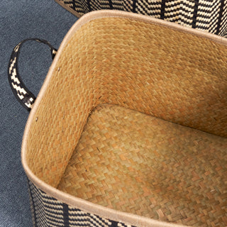 Square Palm Leaf Woven Wicker Storage Baskets with Handles, Set of 2 (14inx14inx15in and 16inx16inx17in) - Black and Brown - Ideal for Clothes, Books, Picnic, and Home Decoration