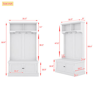 Hall Tree with Storage Shoe Bench for Entryway and Hallway, 4-in-1 Design Coat Racks with 4 Hooks for Living Room, White