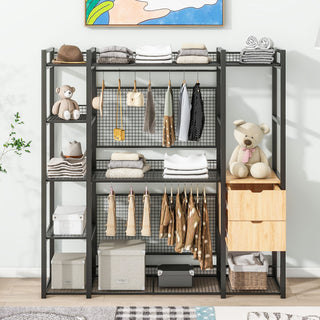 Open-Style Wardrobe with Hanging Rails, Shelves and Drawers, Black