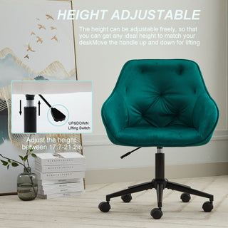 Elegant Velvet Office Chair with Wheels, Height Adjustable Makeup Vanity Chair for Teens, Women, Girls, Comfy Swivel Modern Armchair for Home Office, Bedroom, Study, and Vanity ,Green