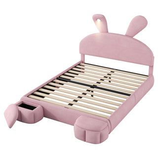 Full Size Upholstered Platform Bed with Cartoon Ears Shaped Headboard and Light, Pink