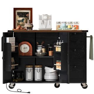 K&K 54.5" Farmhouse Kitchen Island with Power Outlet, Internal Storage Rack, Drop Leaf, Spice Rack, Rolling Cart on Wheels, for Kitchen, Dining Room, Black