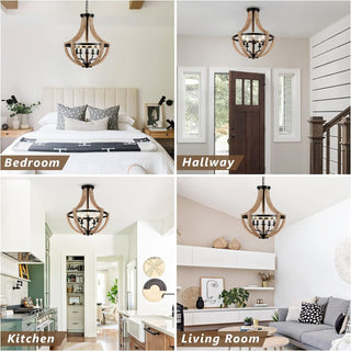 19" Farmhouse Chandelier Light Fixture, 5-Light Dining Room Ceiling Light, Solid Wood Modern Pendant for Kitchen Island, Living Room, Bedroom, Foyer, Adjustable Height, Brown