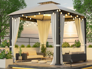 10x10FT Softtop Metal Gazebo with Mosquito Net & Sunshade Curtains, Heavy Duty Double Roof Canopy, Galvanized Steel Outdoor Tent for Garden, Patio, Backyard