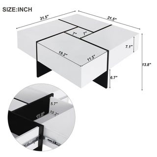 On-Trend Unique Design Coffee Table with 4 Hidden Storage Compartments, Square Cocktail Table with Extendable Sliding Tabletop, UV High-Gloss Finish, Center Table for Living Room, 31.5" x 31.5"