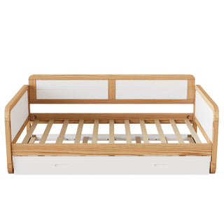 Twin Size Solid Wood Daybed with 2 Storage Drawers for Limited Space Kids, Teens, Adults, No Need Box Spring, Walnut and White