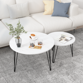 27.56'' Round Nesting Coffee Table Set of 2,  Circular Nesting End Table Set, Round Marble Tabletop, and Sturdy Metal Base for Living Room, bedroom, White