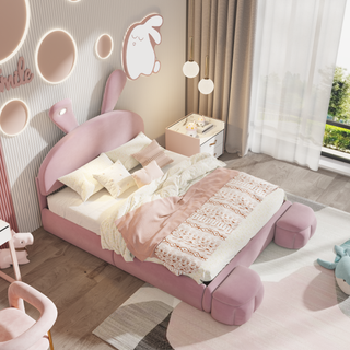 Full Size Upholstered Platform Bed with Cartoon Ears Shaped Headboard and Light, Pink