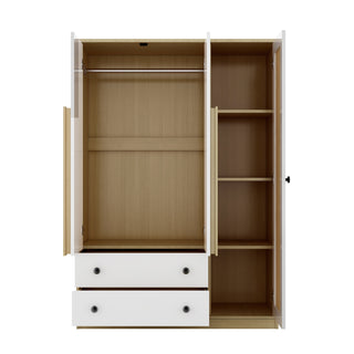 
3-Doors Wooden Rattan Wardrobe Storage for Bedroom,with 2 Drawers,White+Nature
