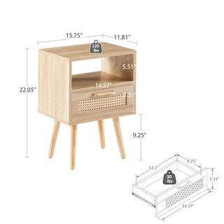 15.75" Rattan End table with  drawer and solid wood legs, Modern nightstand, side table for living room, bedroom,natural