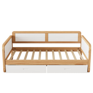 Twin Size Solid Wood Daybed with 2 Storage Drawers for Limited Space Kids, Teens, Adults, No Need Box Spring, Walnut and White