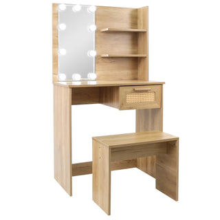 Vanity Desk Set Stool & Dressing Table with LED Lighting Mirror Drawer and Compartments Modern Wood Cosmetic Table Chest of Drawers Nature Color