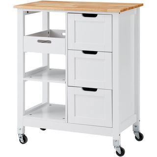 Rolling Small Kitchen Island Cart with Solid Wood Top, Mobile Utility Cart on Wheels with 3 Drawers and Storage Shelves, White Dining Room Serving Cabinet