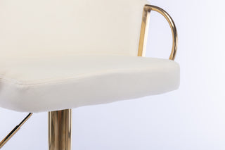 Set of 2 luxurious Ivory Velvet Bar Stools with Gold Legs, Chrome Footrest, Swivel & Adjustable Height