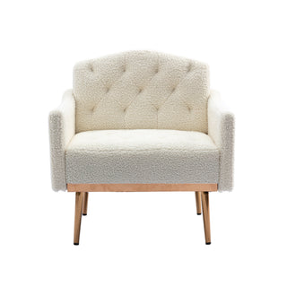 COOLMORE Modern Accent Chair with Arms, Tufted Decorative Fabric Armchair with Gold Metal Legs, Upholstered Reading Chair for Living Room Bedroom Office (White Teddy)