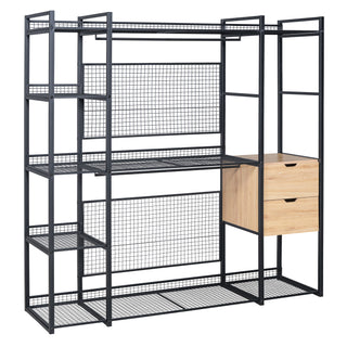 Open-Style Wardrobe with Hanging Rails, Shelves and Drawers, Black