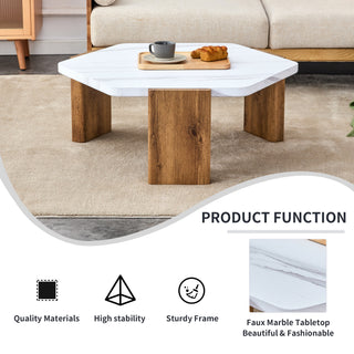 Modern MDF Coffee Table with White Top and Wood Texture MDF Legs, Hexagonal Design for Living Room and Guest Room