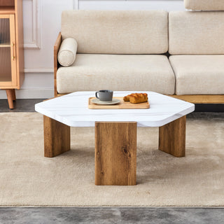 Modern MDF Coffee Table with White Top and Wood Texture MDF Legs, Hexagonal Design for Living Room and Guest Room