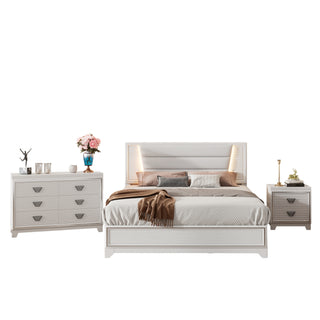 3-Pieces Bedroom Sets Queen Size Upholstered Bed with LED Lights, Nightstands and Dresser with Metal Handles and Sparkling Shiny Decoration, White