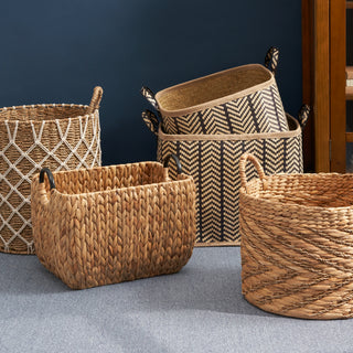 Square Palm Leaf Woven Wicker Storage Basket with Handles – Set of 2 (14" x 14" x 15" and 16" x 16" x 17") – Black and Brown – For Clothes, Books, Picnic, and Home Decoration