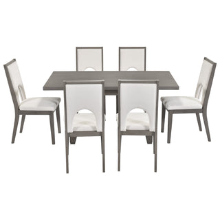 TREXM Wood Dining Table Set for 6, Farmhouse Rectangular Dining Table and 6 Upholstered Chairs Ideal for Dining Room, Kitchen (Grey+Beige)