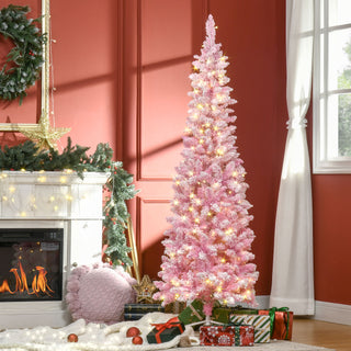 HOMCOM 6ft Prelit Snow Flocked Artificial Christmas Tree with Pencil Shape, Pine Realistic Branches, Warm White LED lights, Auto Open, Pink and White