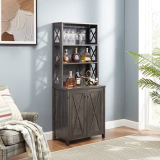 Coffee Bar Cabinet with Microwave Stand & Metal Frame – Side Home Source Bar Cabinet with Hollow-Out Barn Design – Charcoal Gray – 26.77" x 15.75" x 67.32"