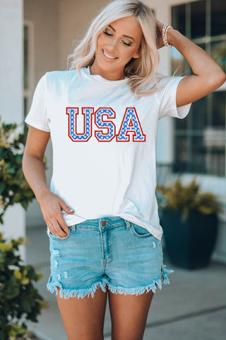 U.S.A Graphic Embroidered Round Neck T-Shirt for Women