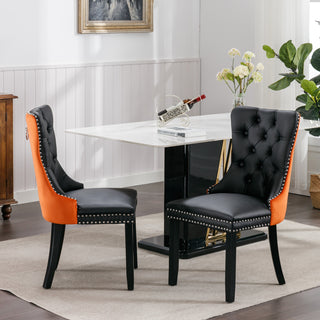 A and A Furniture Nikki Collection 2Pcs Set Modern Tufted Dining Chairs, Solid Wood Legs, PU and Velvet Upholstered with Nailhead Trim, Black and Orange, SW2101BO