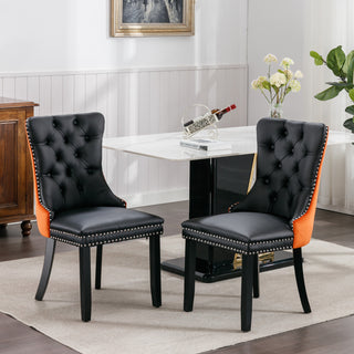 A and A Furniture Nikki Collection 2Pcs Set Modern Tufted Dining Chairs, Solid Wood Legs, PU and Velvet Upholstered with Nailhead Trim, Black and Orange, SW2101BO