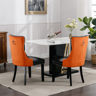 A and A Furniture Nikki Collection 2Pcs Set Modern Tufted Dining Chairs, Solid Wood Legs, PU and Velvet Upholstered with Nailhead Trim, Black and Orange, SW2101BO