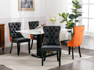 A and A Furniture Nikki Collection 2Pcs Set Modern Tufted Dining Chairs, Solid Wood Legs, PU and Velvet Upholstered with Nailhead Trim, Black and Orange, SW2101BO