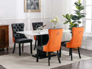 A and A Furniture Nikki Collection 2Pcs Set Modern Tufted Dining Chairs, Solid Wood Legs, PU and Velvet Upholstered with Nailhead Trim, Black and Orange, SW2101BO