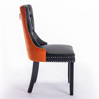 A and A Furniture Nikki Collection 2Pcs Set Modern Tufted Dining Chairs, Solid Wood Legs, PU and Velvet Upholstered with Nailhead Trim, Black and Orange, SW2101BO