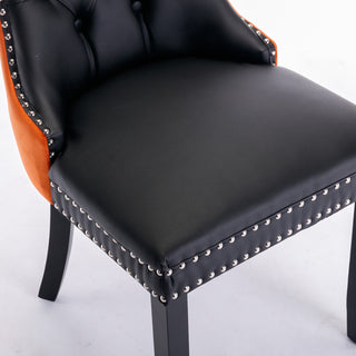 A and A Furniture Nikki Collection 2Pcs Set Modern Tufted Dining Chairs, Solid Wood Legs, PU and Velvet Upholstered with Nailhead Trim, Black and Orange, SW2101BO