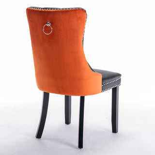 A and A Furniture Nikki Collection 2Pcs Set Modern Tufted Dining Chairs, Solid Wood Legs, PU and Velvet Upholstered with Nailhead Trim, Black and Orange, SW2101BO