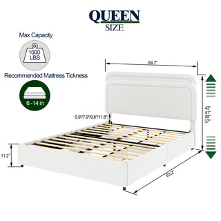 Liv Queen Size Ivory Boucle Upholstered Platform Bed with 4 Drawers Storage, Curved Stitched Tufted Headboard, Wooden Slat Mattress Support, No Box Spring Needed