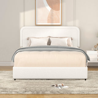 Liv Queen Size Ivory Boucle Upholstered Platform Bed with 4 Drawers Storage, Curved Stitched Tufted Headboard, Wooden Slat Mattress Support, No Box Spring Needed