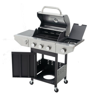 Propane Grill 3 Burner Barbecue Grill Stainless Steel Gas Grill with Side Burner, 37,000 BTU Outdoor Cooking, Patio, Garden Barbecue Grill, Black and Silver