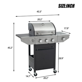 Propane Grill 3 Burner Barbecue Grill Stainless Steel Gas Grill with Side Burner, 37,000 BTU Outdoor Cooking, Patio, Garden Barbecue Grill, Black and Silver