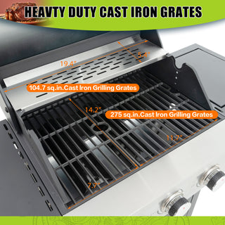 Propane Grill 3 Burner Barbecue Grill Stainless Steel Gas Grill with Side Burner, 37,000 BTU Outdoor Cooking, Patio, Garden Barbecue Grill, Black and Silver