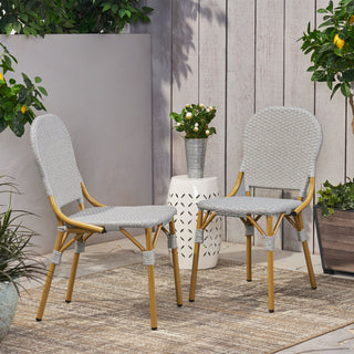 15097Outdoor PE Rattan and Aluminum Armless French Bistro Chairs, Set of 2, Gray and Bamboo Finish765