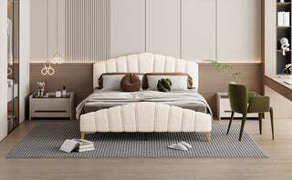 Queen Size Velvet Platform Bed with Thick Fabric, Stripe Decorated Headboard & Elegant Metal Bed Leg, Beige