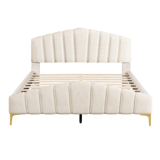 Queen Size Velvet Platform Bed with Thick Fabric, Stripe Decorated Headboard & Elegant Metal Bed Leg, Beige