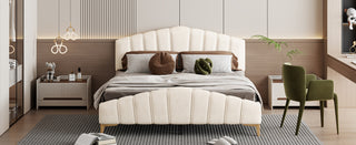 Queen Size Velvet Platform Bed with Thick Fabric, Stripe Decorated Headboard & Elegant Metal Bed Leg, Beige