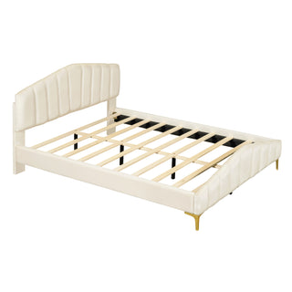 Queen Size Velvet Platform Bed with Thick Fabric, Stripe Decorated Headboard & Elegant Metal Bed Leg, Beige